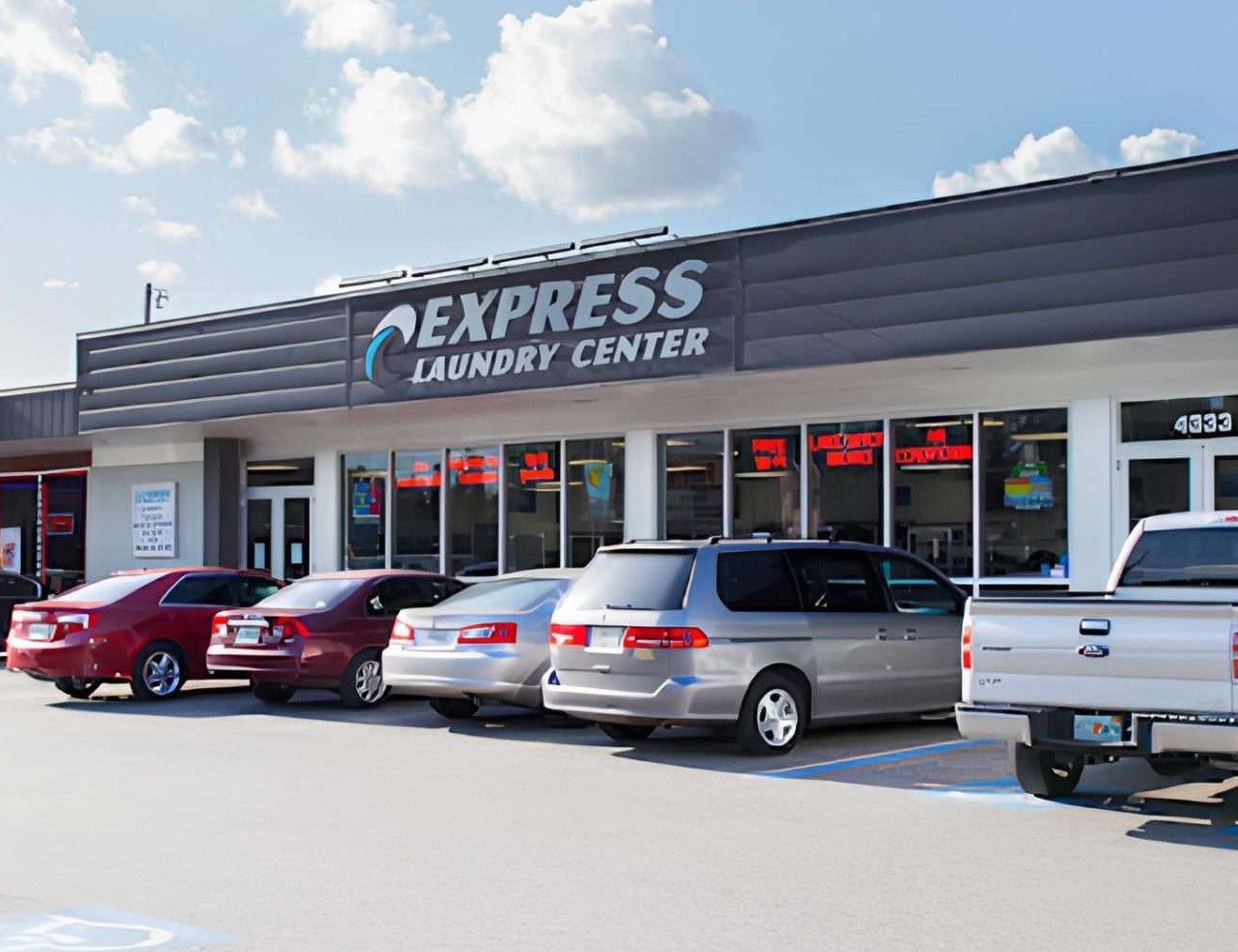 The Waters Express Laundry Center sign above the entrance at 4333
